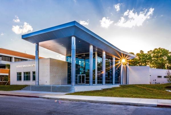 Sun setting behind the Frisch Welcome Center